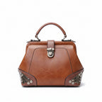 Atelier Sacrum Women's Small Vegan Leather Doctor Bag with Lock, Chain, Rivet Details – Adjustable Shoulder and Crossbody Strap, Vintage Dumpling Shape