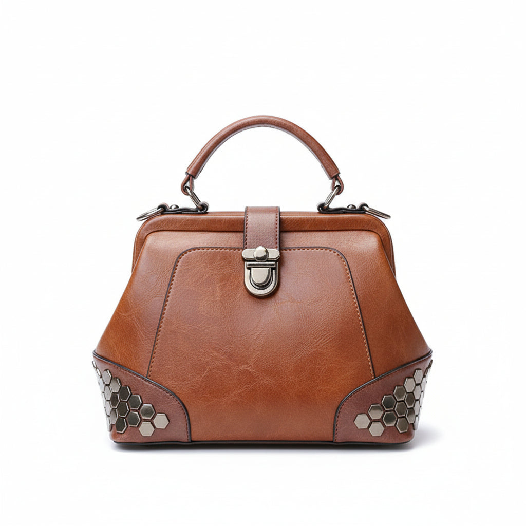 Atelier Sacrum Women's Small Vegan Leather Doctor Bag with Lock, Chain, Rivet Details – Adjustable Shoulder and Crossbody Strap, Vintage Dumpling Shape