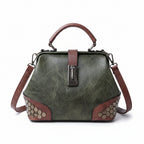 Atelier Sacrum Women's Small Vegan Leather Doctor Bag with Lock, Chain, Rivet Details – Adjustable Shoulder and Crossbody Strap, Vintage Dumpling Shape