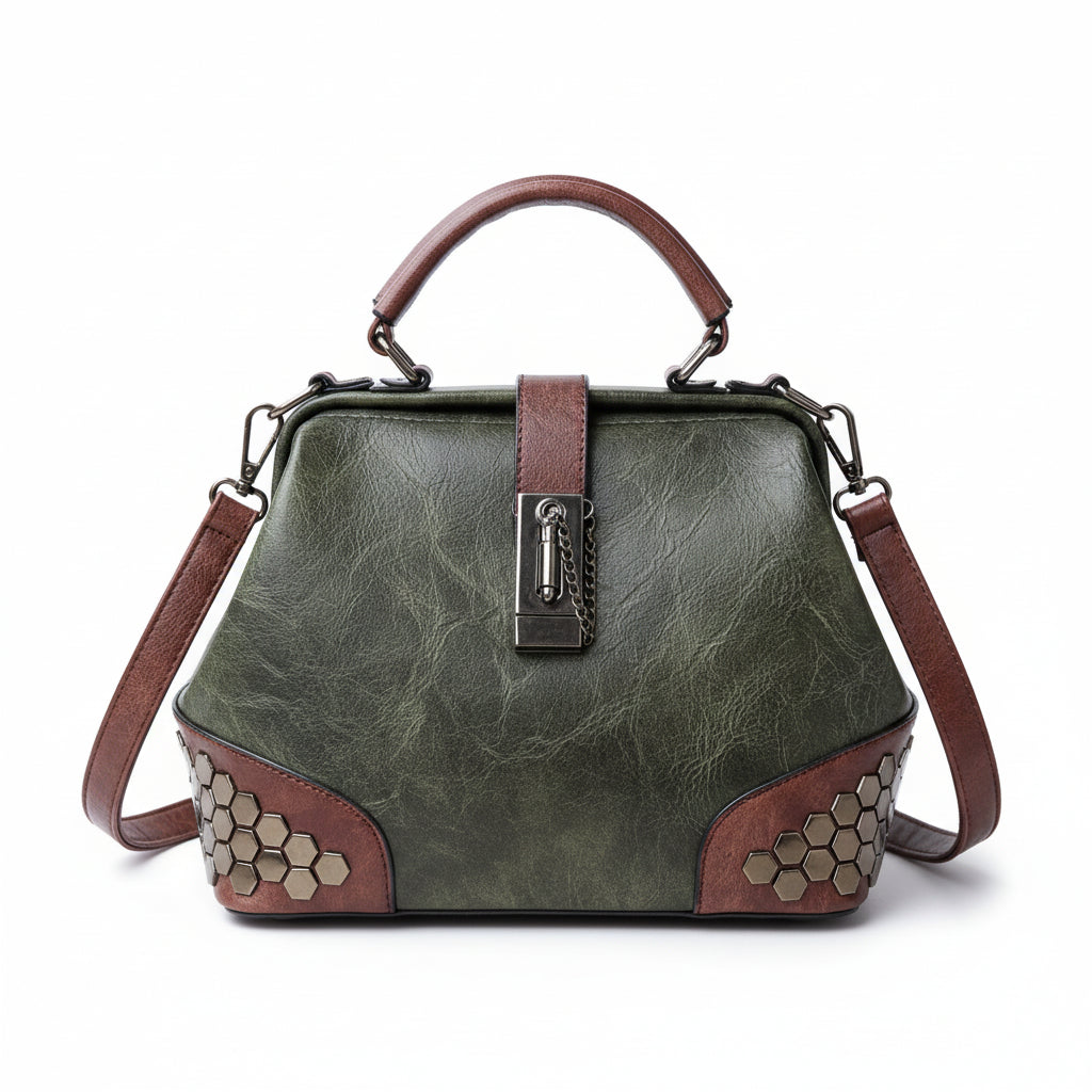 Atelier Sacrum Women's Small Vegan Leather Doctor Bag with Lock, Chain, Rivet Details – Adjustable Shoulder and Crossbody Strap, Vintage Dumpling Shape