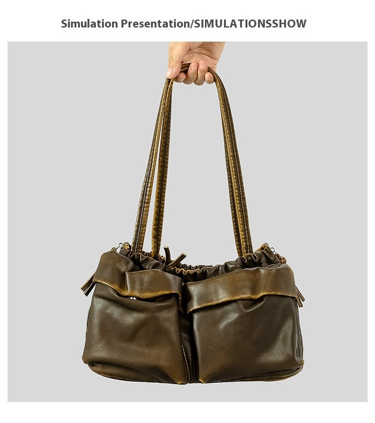 Atelier Sacrum Large Capacity Vegan Leather Shoulder Bag with Multi-Pockets for Women