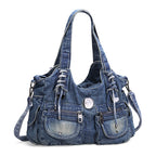 Atelier Sacrum Women's Medium Dumpling-Shaped Denim Shoulder Bag with Zipper Closure