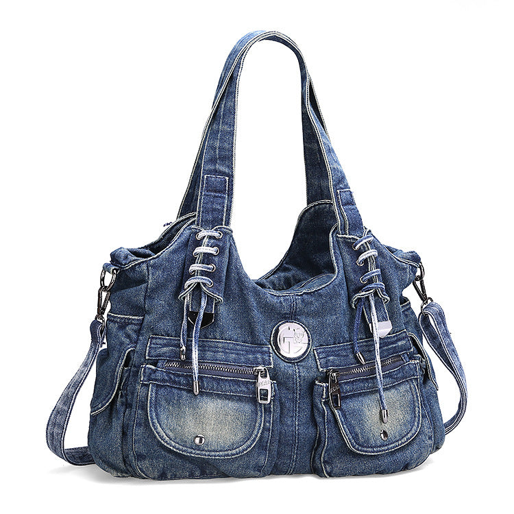 Atelier Sacrum Women's Medium Dumpling-Shaped Denim Shoulder Bag with Zipper Closure