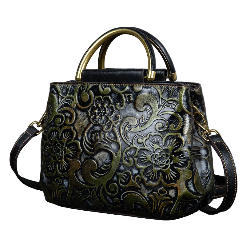 Decorative handbag with floral patterns on a dark background