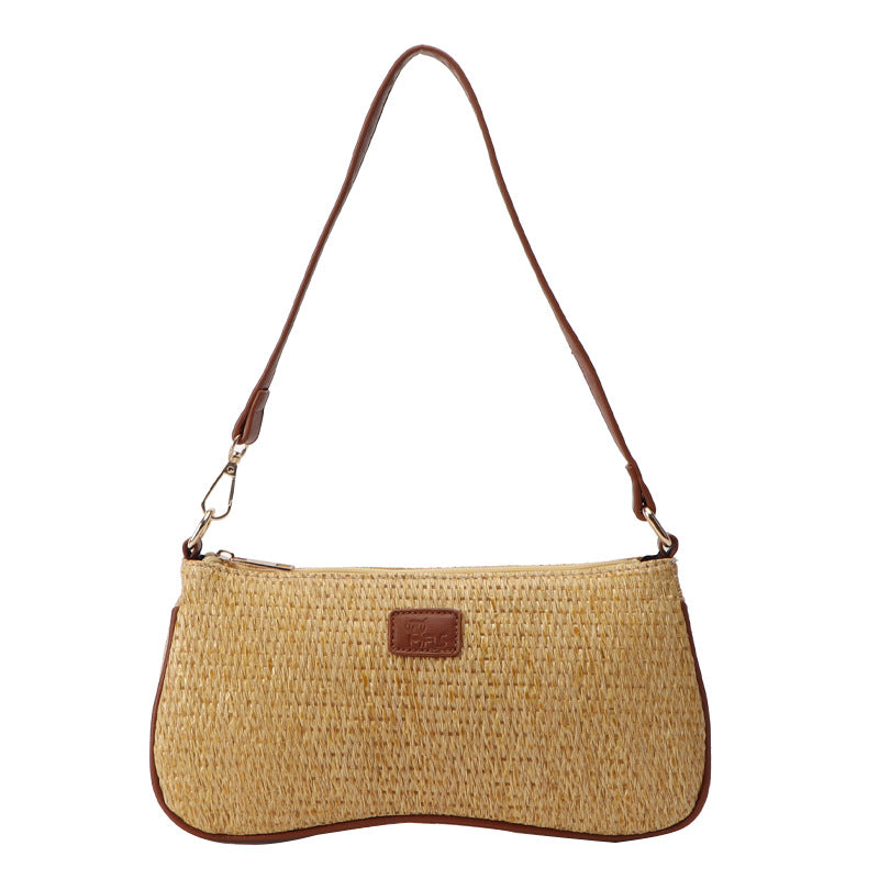 Elegant Women’s Braided Saddle Bag in Straw with Vegan Leather Detail - Stylish Small Shoulder Handbag