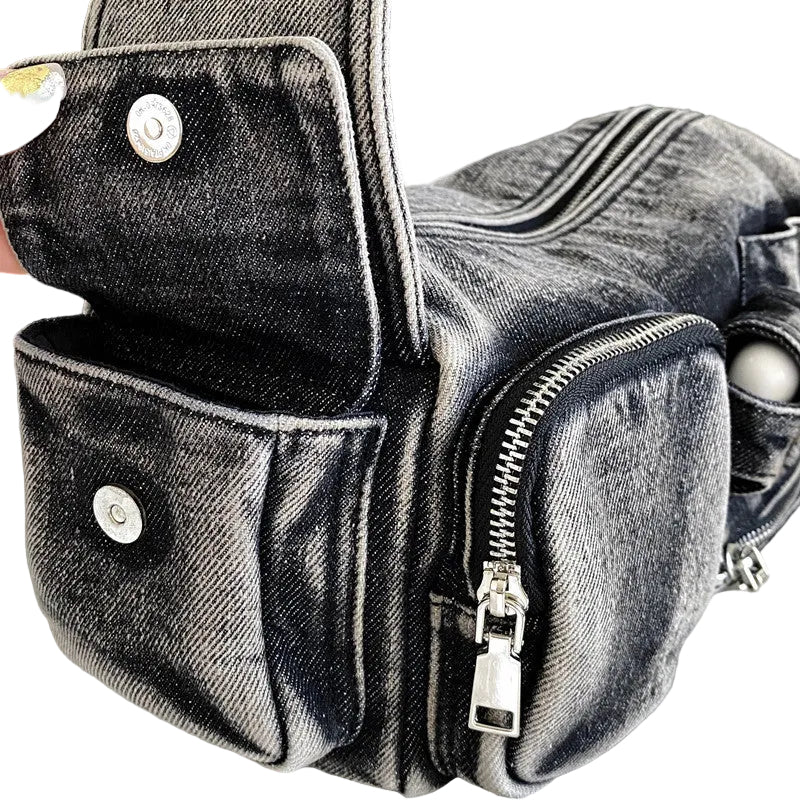 Atelier Sacrum Denim Shoulder Messenger Bag with Multi-Pocket Retro Locomotive Design