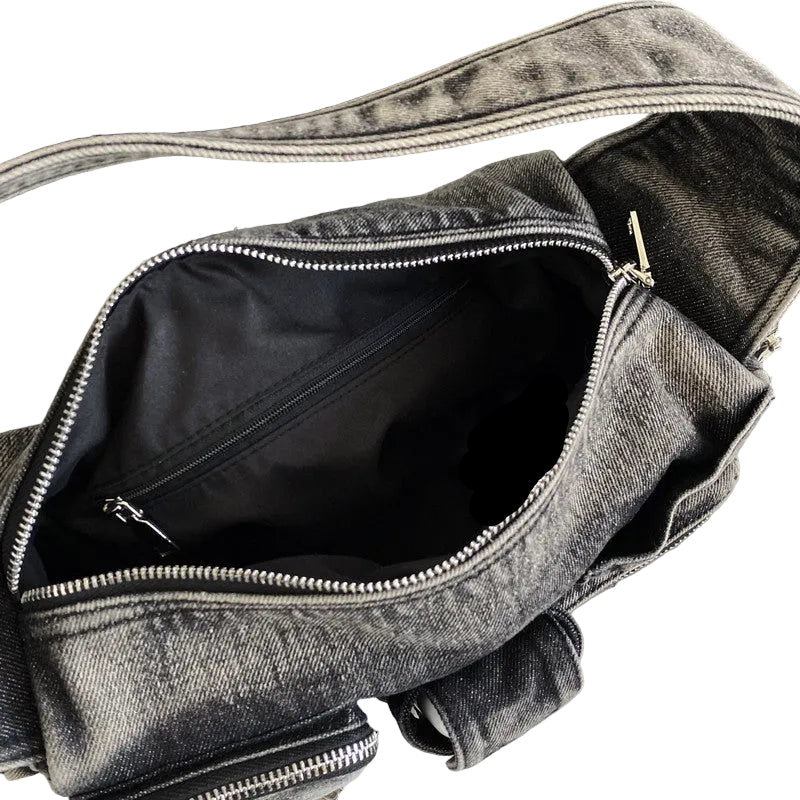 Atelier Sacrum Denim Shoulder Messenger Bag with Multi-Pocket Retro Locomotive Design