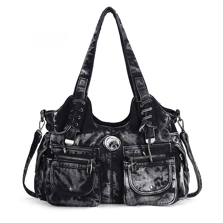 Atelier Sacrum Women's Medium Dumpling-Shaped Denim Shoulder Bag with Zipper Closure