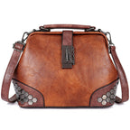 Atelier Sacrum Women's Small Vegan Leather Doctor Bag with Lock, Chain, Rivet Details – Adjustable Shoulder and Crossbody Strap, Vintage Dumpling Shape