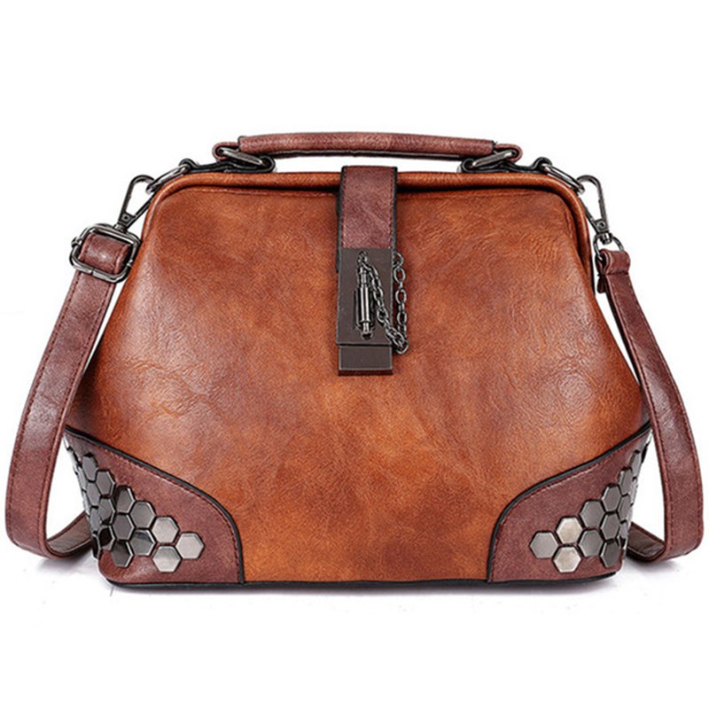 Atelier Sacrum Women's Small Vegan Leather Doctor Bag with Lock, Chain, Rivet Details – Adjustable Shoulder and Crossbody Strap, Vintage Dumpling Shape