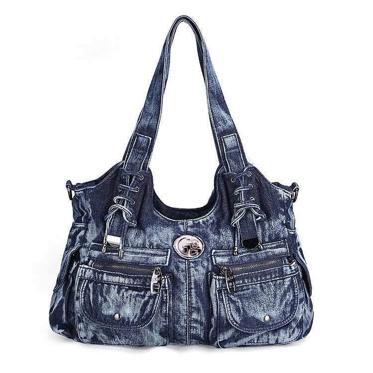 Atelier Sacrum Women's Medium Dumpling-Shaped Denim Shoulder Bag with Zipper Closure