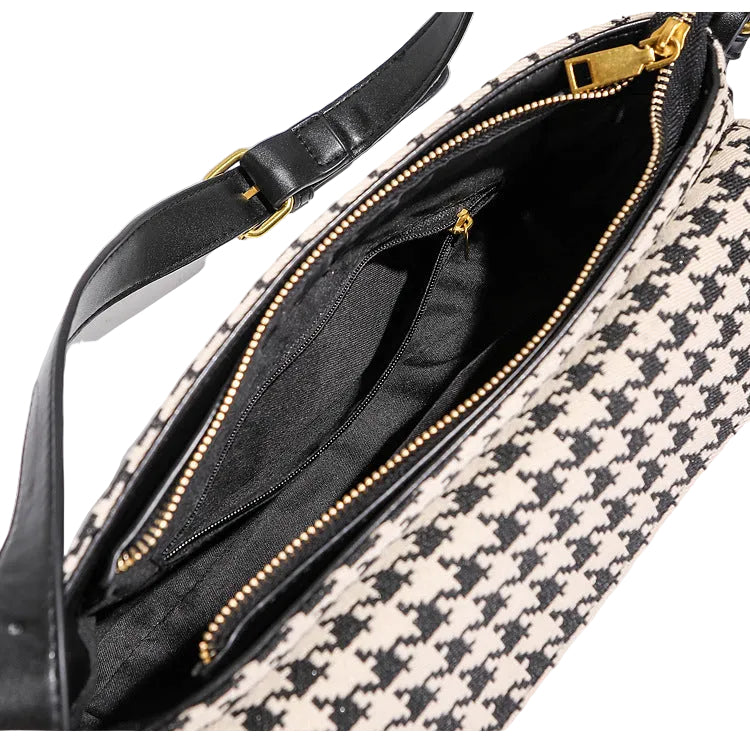 Houndstooth Canvas Shoulder Bag – Small Retro Baguette Bag