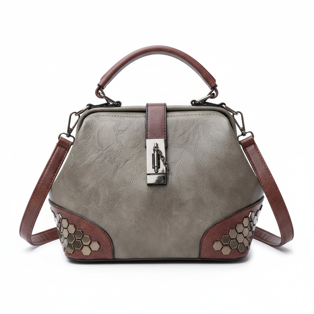 Atelier Sacrum Women's Small Vegan Leather Doctor Bag with Lock, Chain, Rivet Details – Adjustable Shoulder and Crossbody Strap, Vintage Dumpling Shape