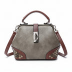 Atelier Sacrum Women's Small Vegan Leather Doctor Bag with Lock, Chain, Rivet Details – Adjustable Shoulder and Crossbody Strap, Vintage Dumpling Shape