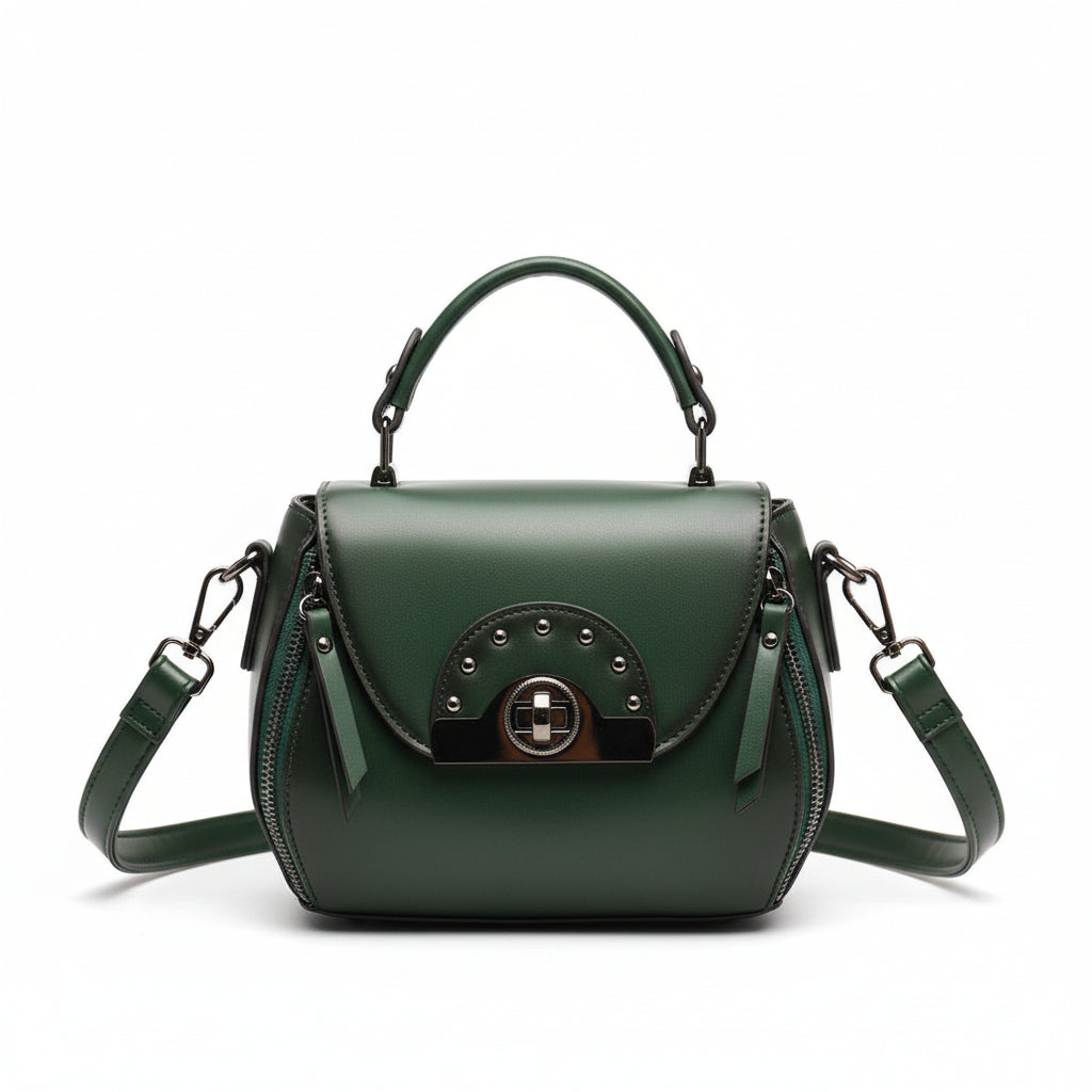 Green handbag on a wooden stand with 'ORIGINALS' branding on a wooden surface.