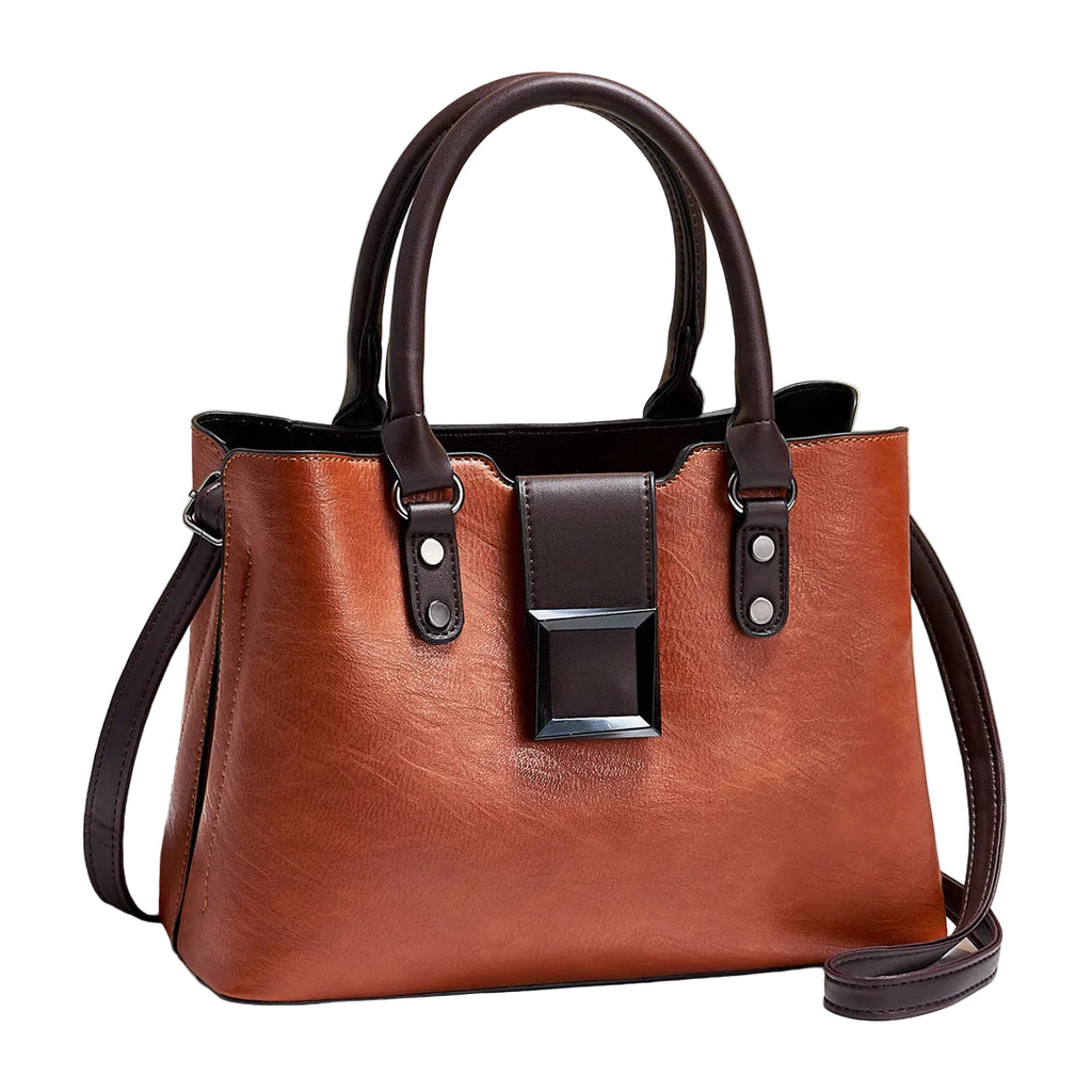 Brown handbag with black accents on a light background