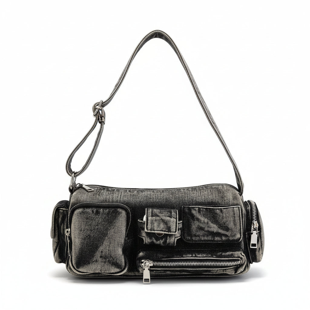 Atelier Sacrum Denim Shoulder Messenger Bag with Multi-Pocket Retro Locomotive Design