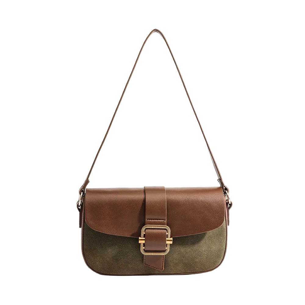 Brown and green handbag with a gold buckle on a beige background