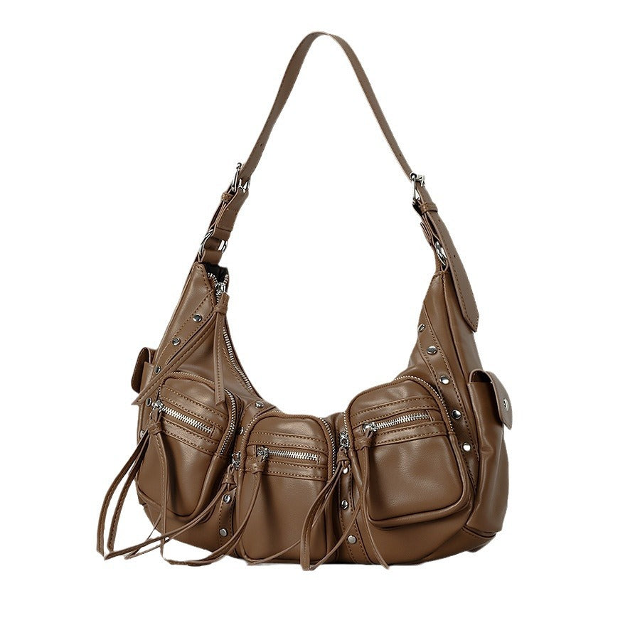 Atelier Sacrum One-Shoulder Vegan Leather Motorcycle Bag for Women with Tassel Accent, Large Capacity