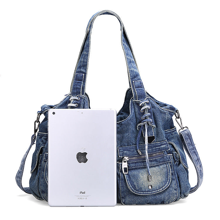 Atelier Sacrum Women's Medium Dumpling-Shaped Denim Shoulder Bag with Zipper Closure