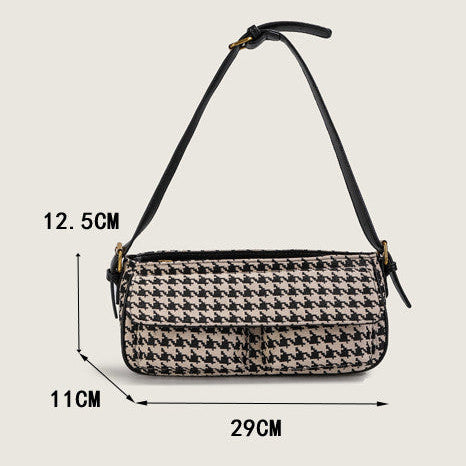 Houndstooth Canvas Shoulder Bag – Small Retro Baguette Bag