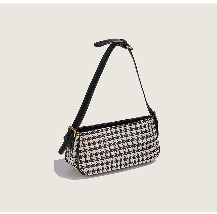 Houndstooth Canvas Shoulder Bag – Small Retro Baguette Bag
