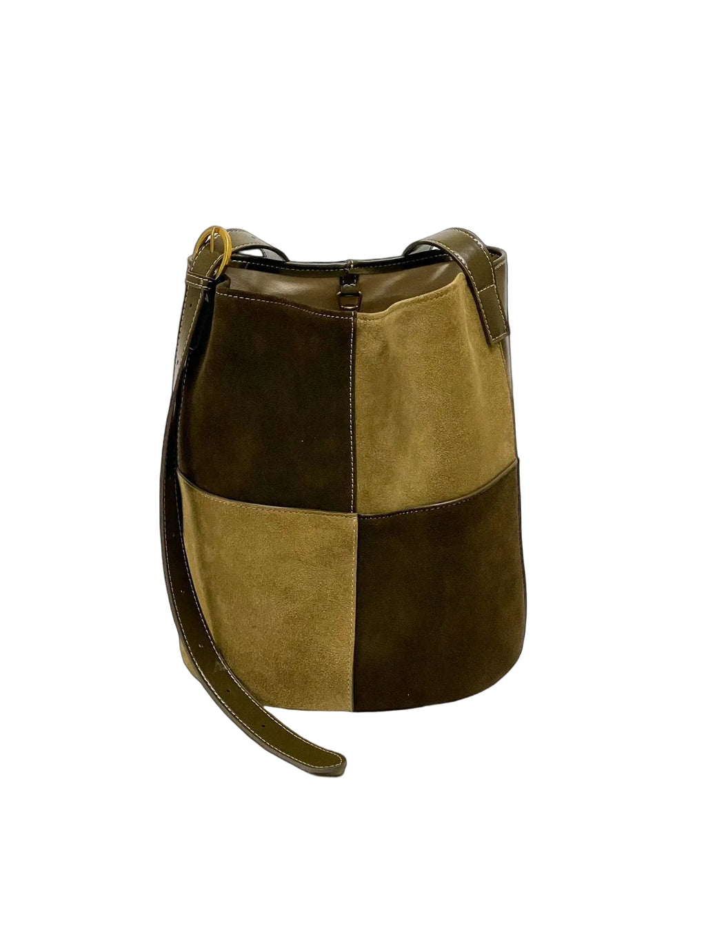 Brown and beige patchwork handbag on a white background