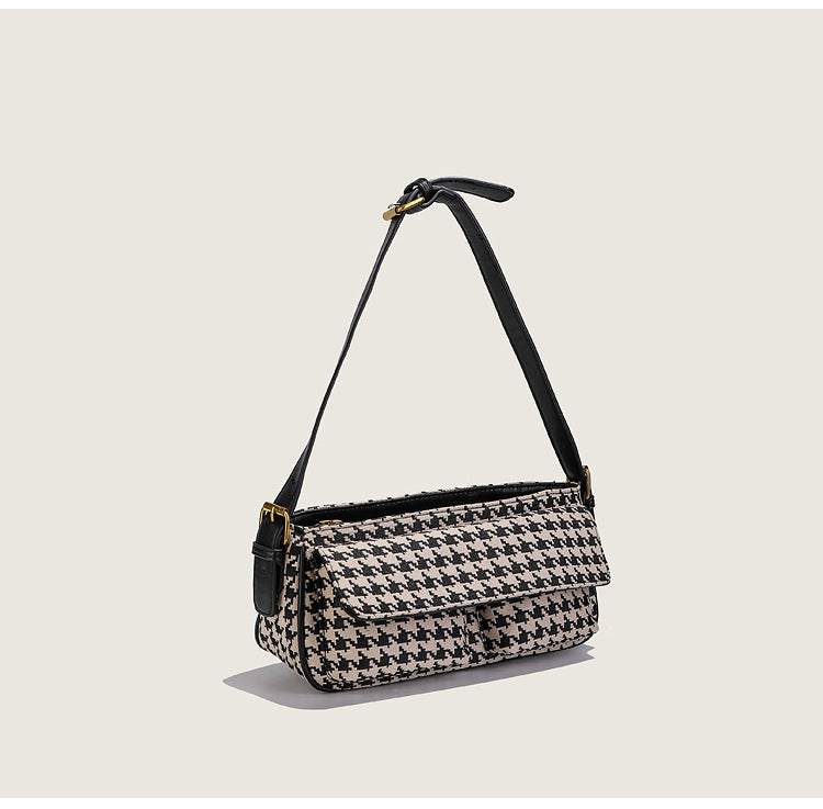 Houndstooth Canvas Shoulder Bag – Small Retro Baguette Bag