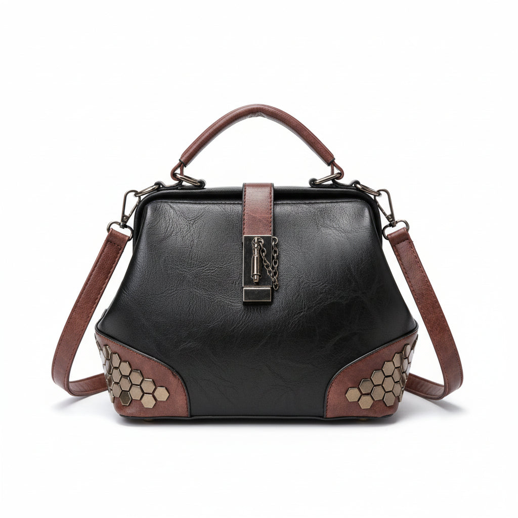Atelier Sacrum Women's Small Vegan Leather Doctor Bag with Lock, Chain, Rivet Details – Adjustable Shoulder and Crossbody Strap, Vintage Dumpling Shape