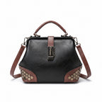 Atelier Sacrum Women's Small Vegan Leather Doctor Bag with Lock, Chain, Rivet Details – Adjustable Shoulder and Crossbody Strap, Vintage Dumpling Shape