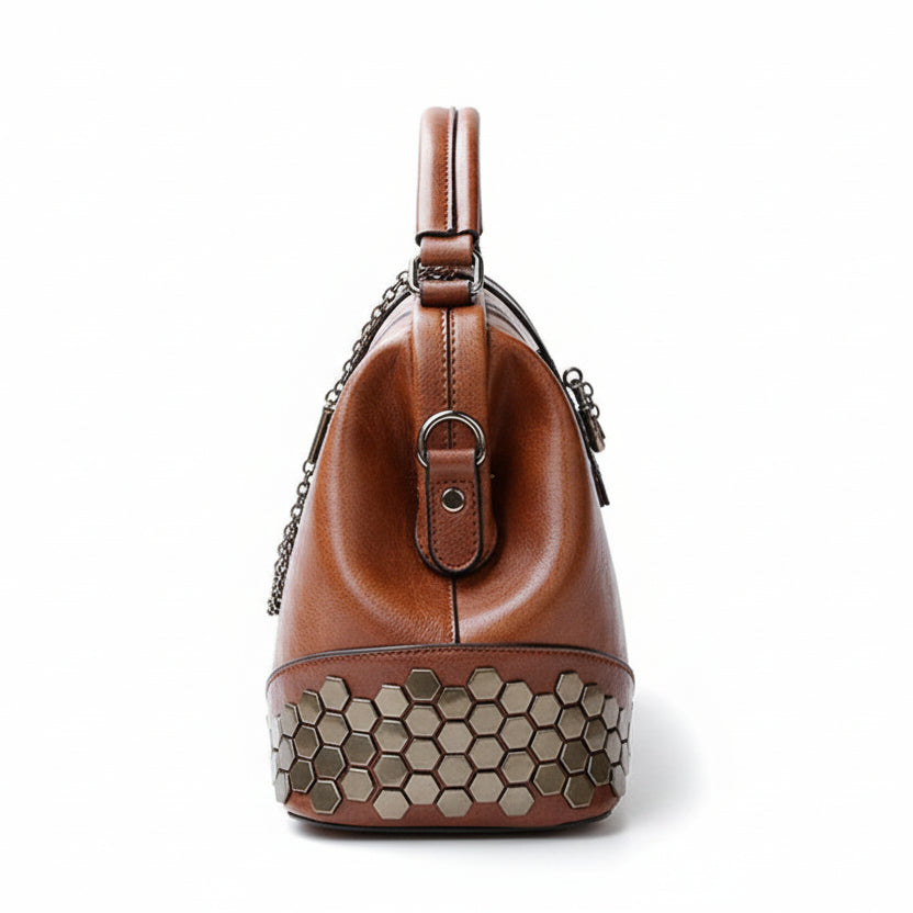 Atelier Sacrum Women's Small Vegan Leather Doctor Bag with Lock, Chain, Rivet Details – Adjustable Shoulder and Crossbody Strap, Vintage Dumpling Shape