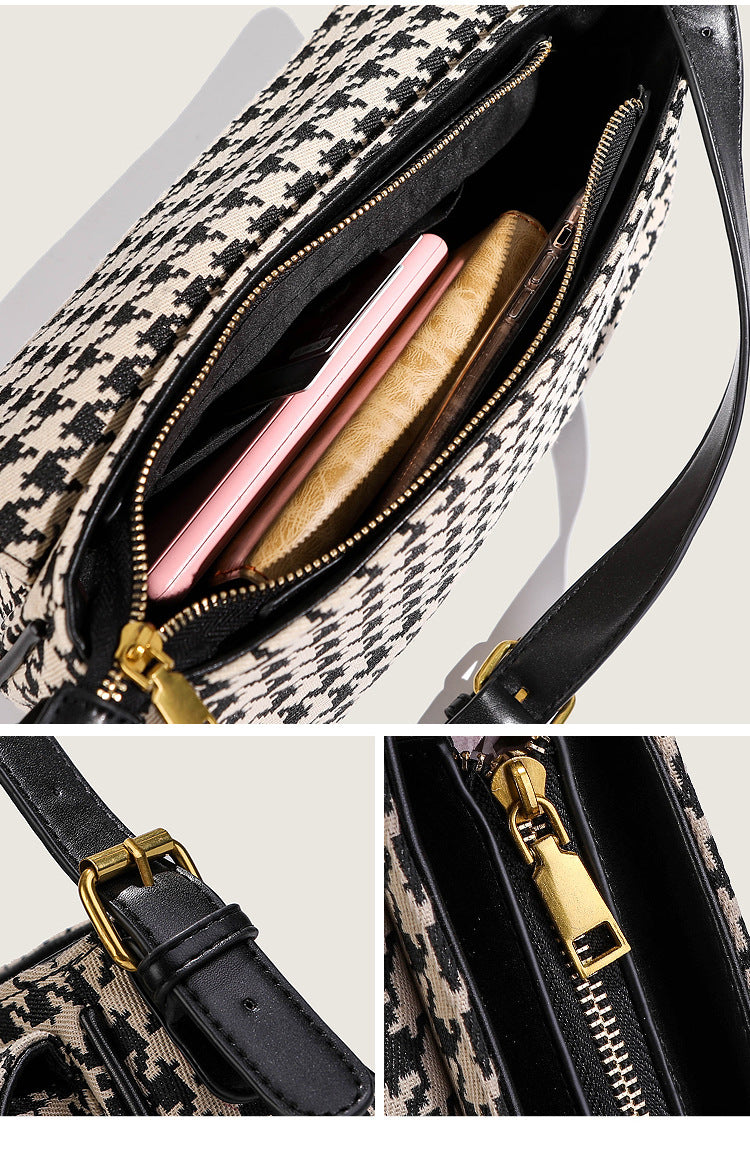 Houndstooth Canvas Shoulder Bag – Small Retro Baguette Bag