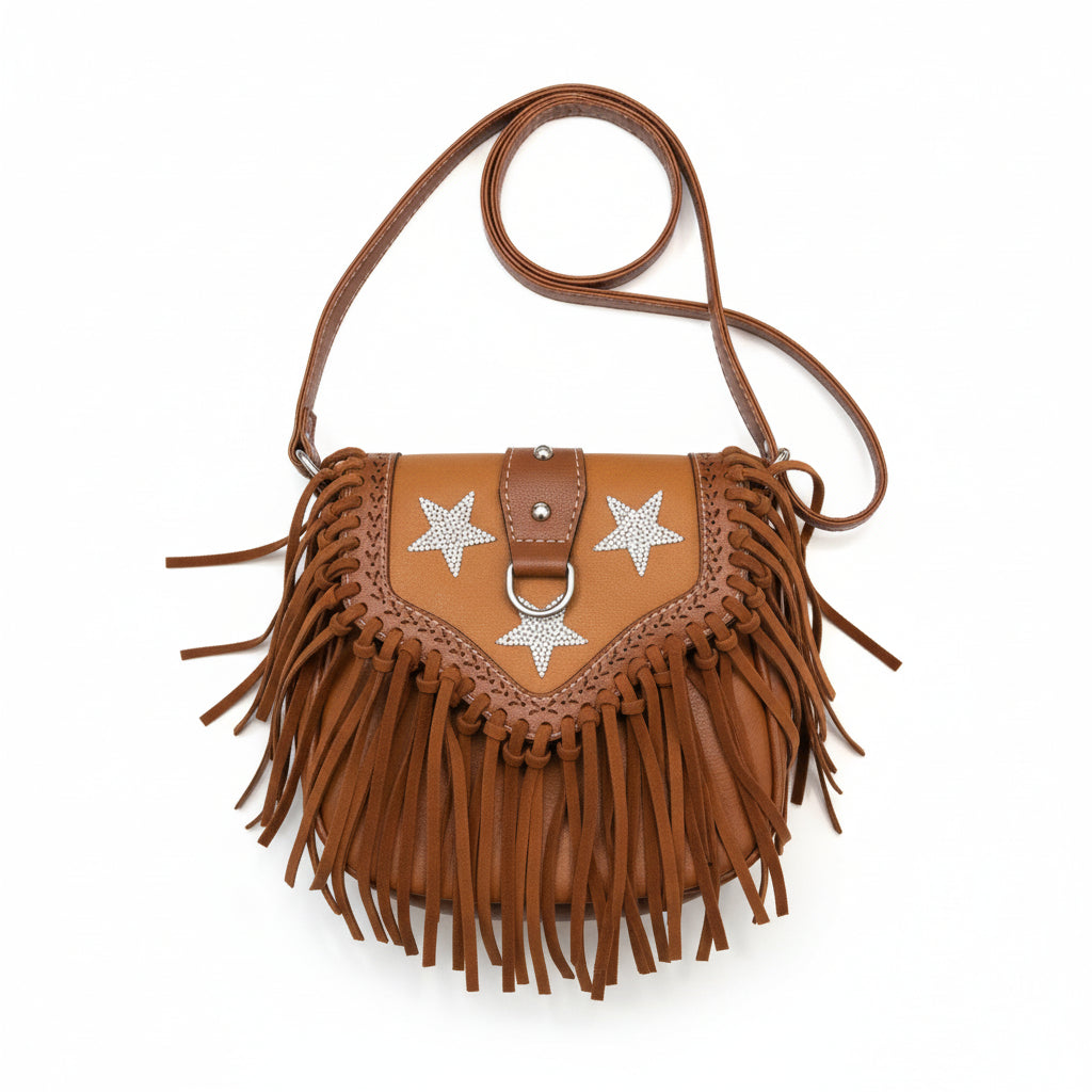 Retro Five-Pointed Star Sequin Tassel Vegan Leather Crossbody Messenger Bag