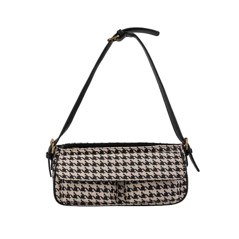 Houndstooth Canvas Shoulder Bag – Small Retro Baguette Bag
