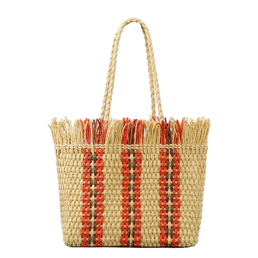 Atelier Sacrum Handwoven Large Capacity Beach Tote Bag in Straw with Vegan PU Leather Accents
