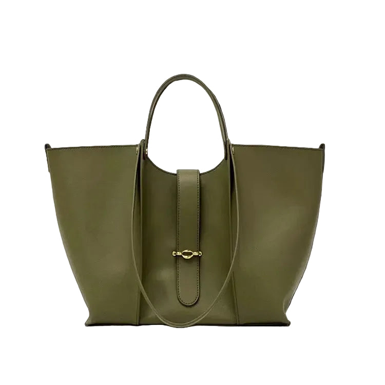 Green leather handbag with a gold buckle on a white background