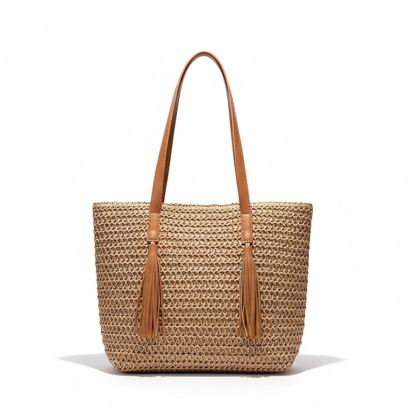 Atelier Sacrum Large-Capacity Woven Straw Shoulder Bag with Polyester Lining in Khaki and Beige