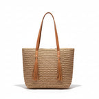 Atelier Sacrum Large-Capacity Woven Straw Shoulder Bag with Polyester Lining in Khaki and Beige