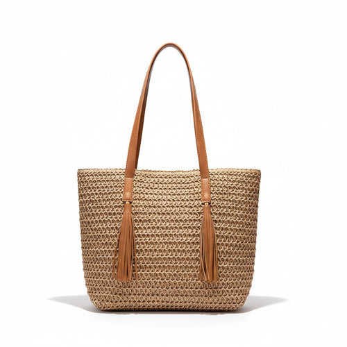 Atelier Sacrum Large-Capacity Woven Straw Shoulder Bag with Polyester Lining in Khaki and Beige