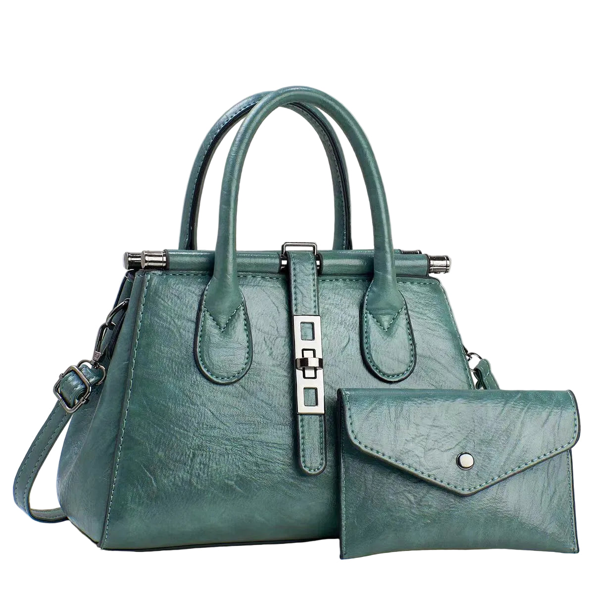 Large Vegan Leather Bucket Shoulder Bag – Lock Detail Handbag Set