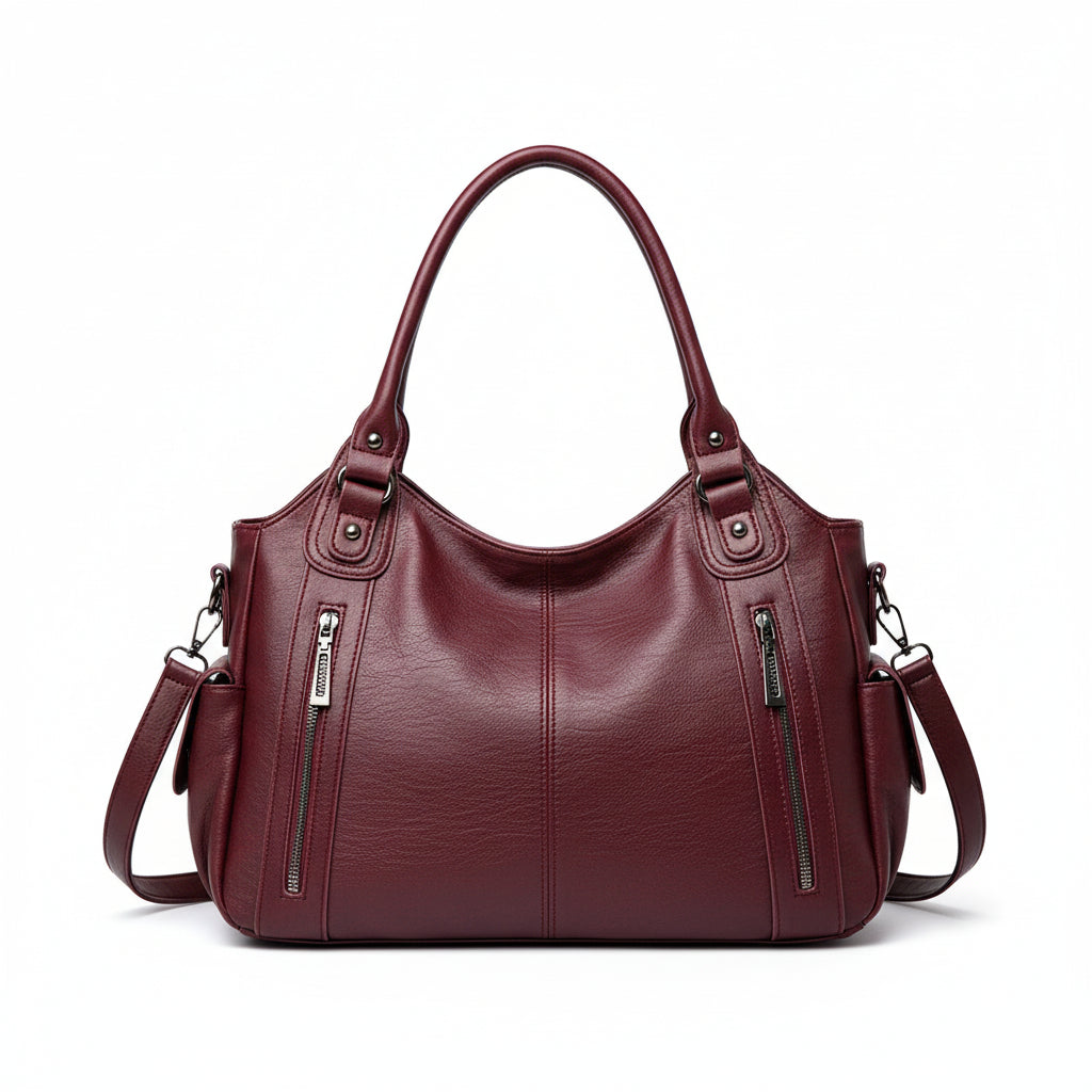 Brown leather handbag with zippers on a beige background