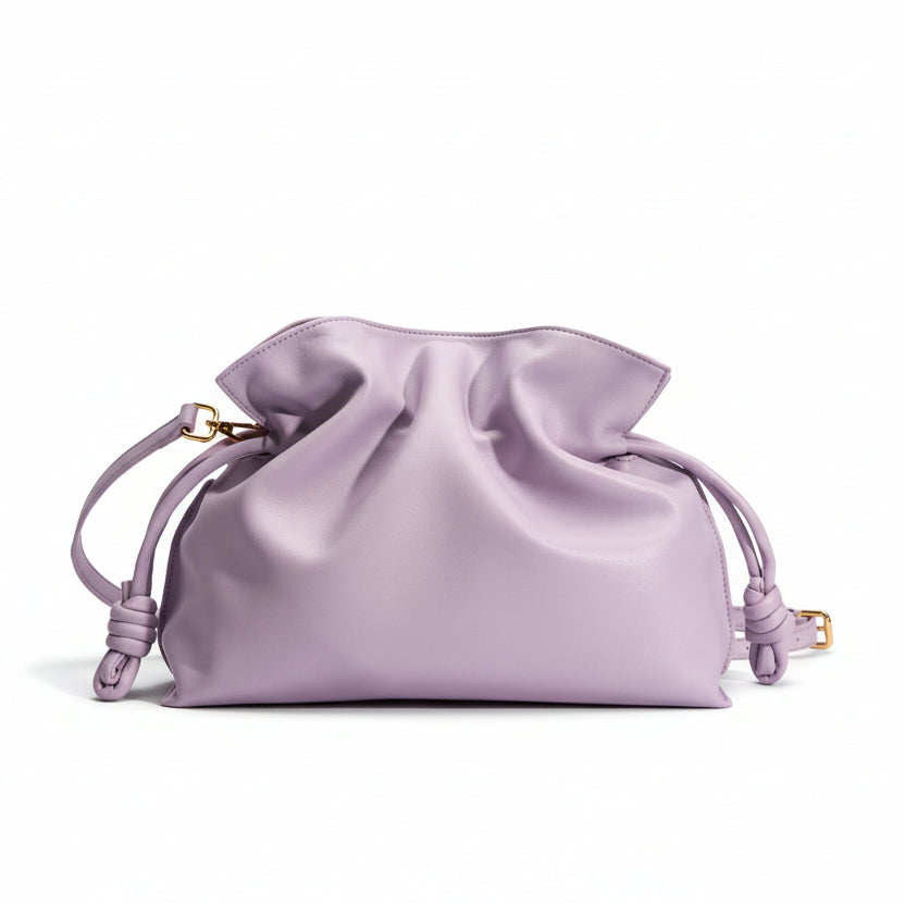 Lavender drawstring bag on a light gray background