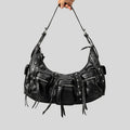 Atelier Sacrum One-Shoulder Vegan Leather Motorcycle Bag for Women with Tassel Accent, Large Capacity