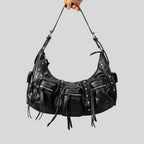 Atelier Sacrum One-Shoulder Vegan Leather Motorcycle Bag for Women with Tassel Accent, Large Capacity