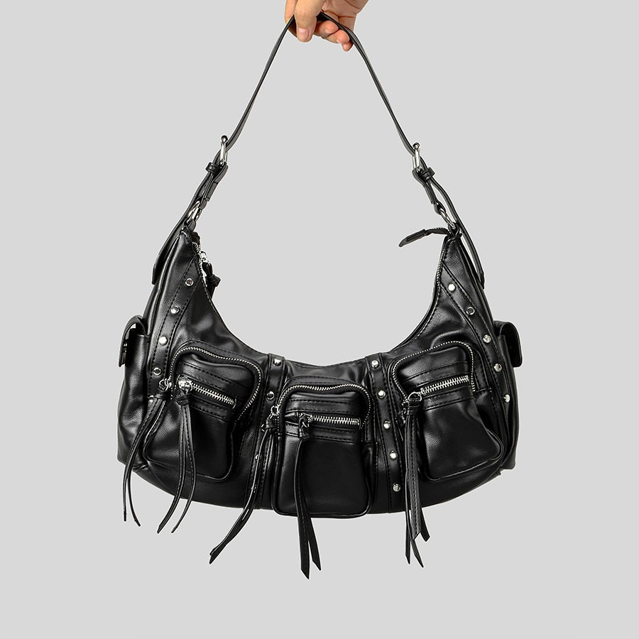 Atelier Sacrum One-Shoulder Vegan Leather Motorcycle Bag for Women with Tassel Accent, Large Capacity