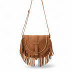 Suede Tassel Shoulder Bag in Dark Brown Velvet with Adjustable Strap
