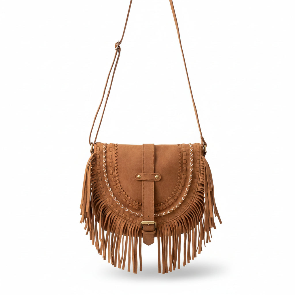 Suede Tassel Shoulder Bag in Dark Brown Velvet with Adjustable Strap