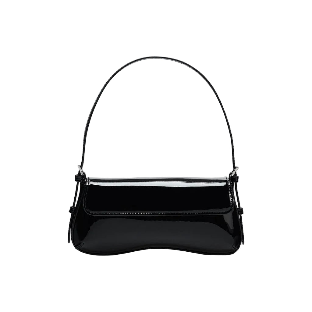 Black handbag on a light gray background