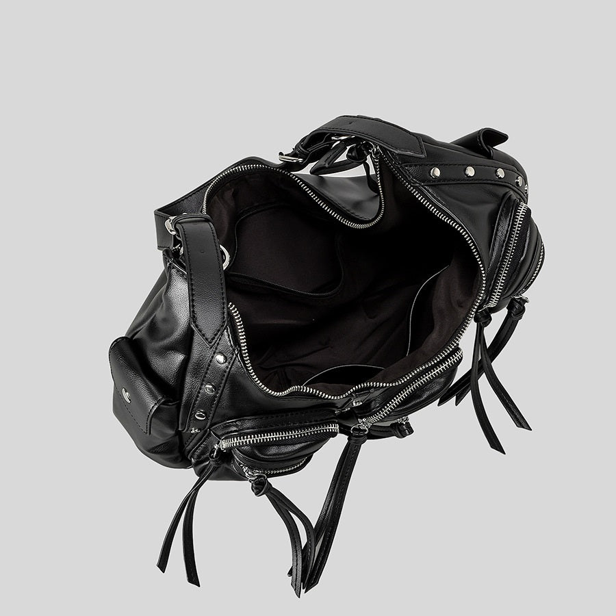 Atelier Sacrum One-Shoulder Vegan Leather Motorcycle Bag for Women with Tassel Accent, Large Capacity
