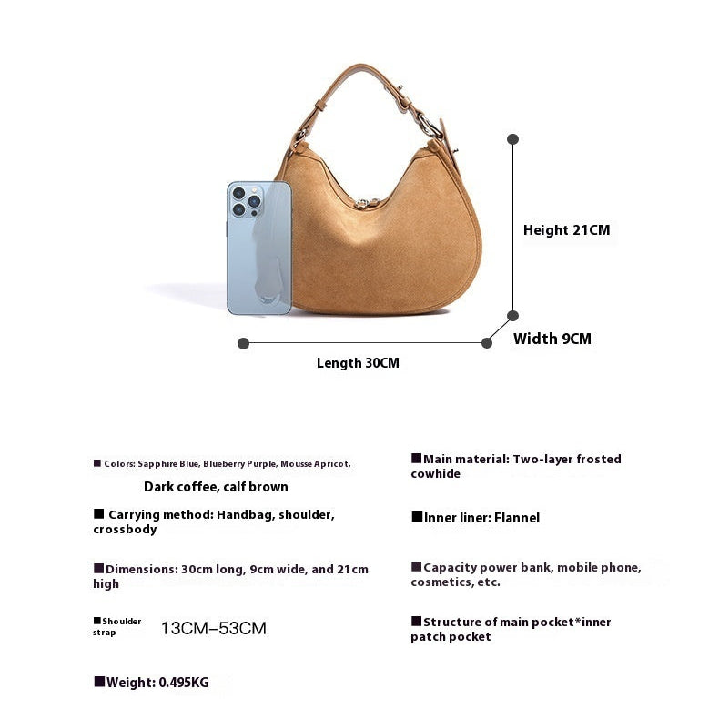 Brown handbag with dimensions and features listed on a white background